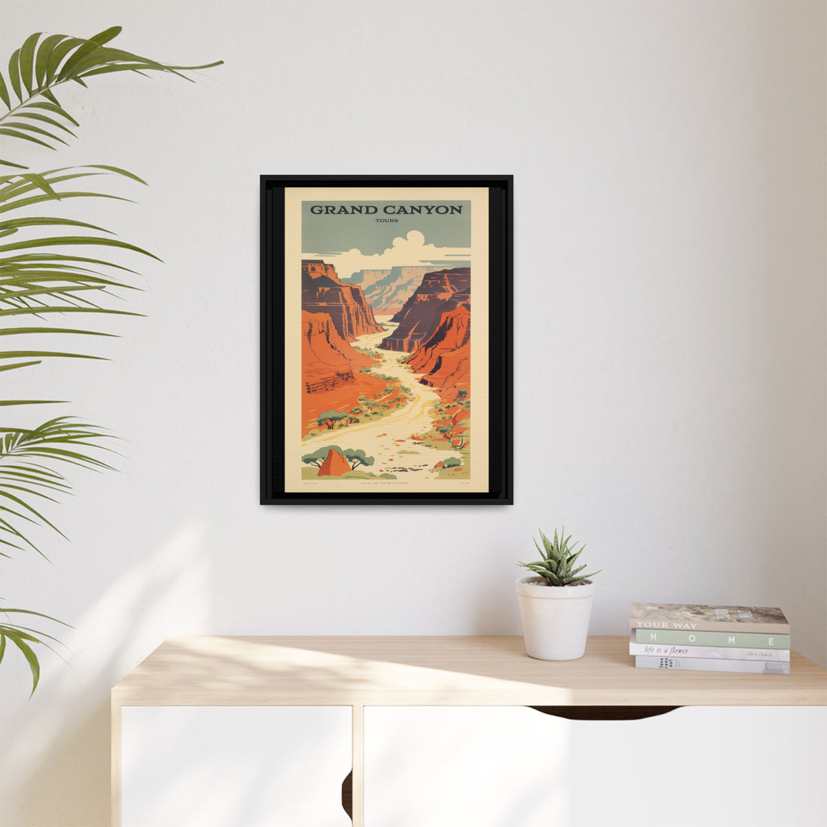 Grand Canyon River Tours vintage travel artwork, 18 × 24, black framed canvas, displayed on a pale wall above a light wood sideboard