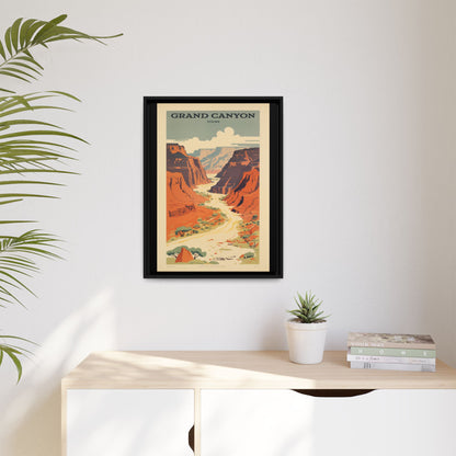 Grand Canyon River Tours vintage travel artwork, 18 × 24, black framed canvas, displayed on a pale wall above a light wood sideboard
