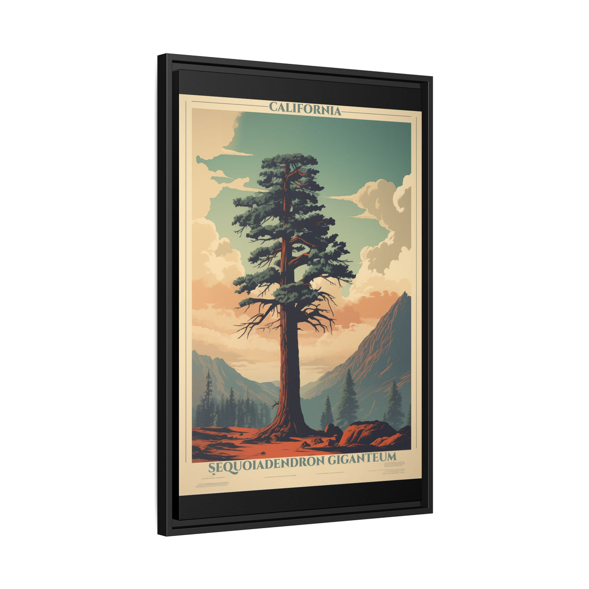 California Sequoiadendron Giganteum vintage nature artwork, 20 × 30, black framed canvas, angled view showing the wrapped canvas edge and frame depth