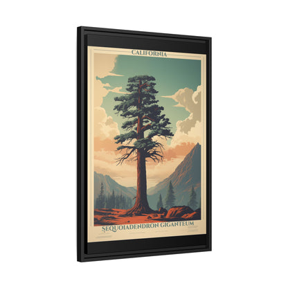 California Sequoiadendron Giganteum vintage nature artwork, 20 × 30, black framed canvas, angled view showing the wrapped canvas edge and frame depth