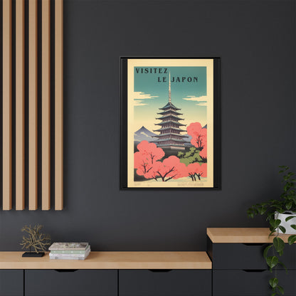 Visitez Le Japon vintage pagoda travel artwork, 30 × 40, black framed canvas, displayed on a dark charcoal slatted wall above a light wood sideboard