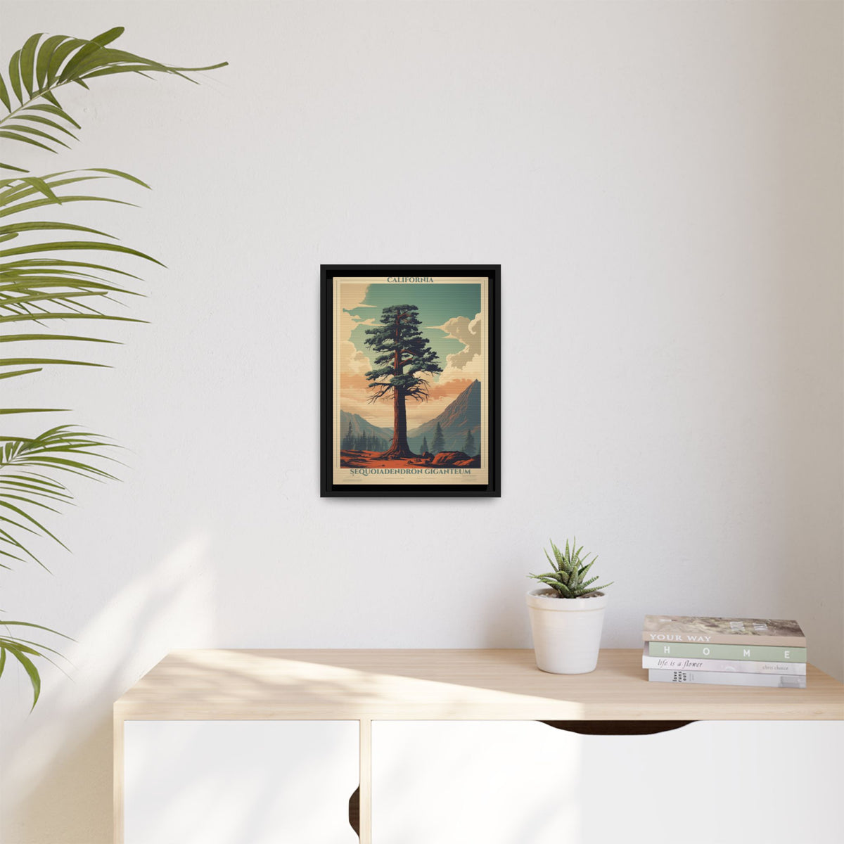 California Sequoiadendron Giganteum vintage nature artwork, 12 × 16, black framed canvas, displayed on a white wall above a low cabinet, beside a potted plant in daylight