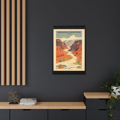 Grand Canyon River Tours vintage travel artwork, 24 × 36, black framed canvas, displayed on a dark charcoal wall above a light wood bench
