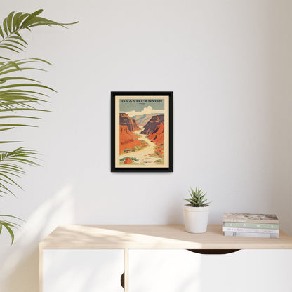Grand Canyon River Tours vintage travel artwork, 12 × 16, black framed canvas, displayed on a pale wall above a light wood sideboard