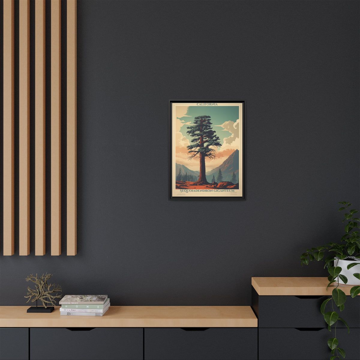 California Sequoiadendron Giganteum vintage nature artwork, 18 × 24, black framed canvas, displayed on a dark charcoal slatted wall above a light wood sideboard