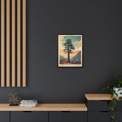California Sequoiadendron Giganteum vintage nature artwork, 18 × 24, black framed canvas, displayed on a dark charcoal slatted wall above a light wood sideboard
