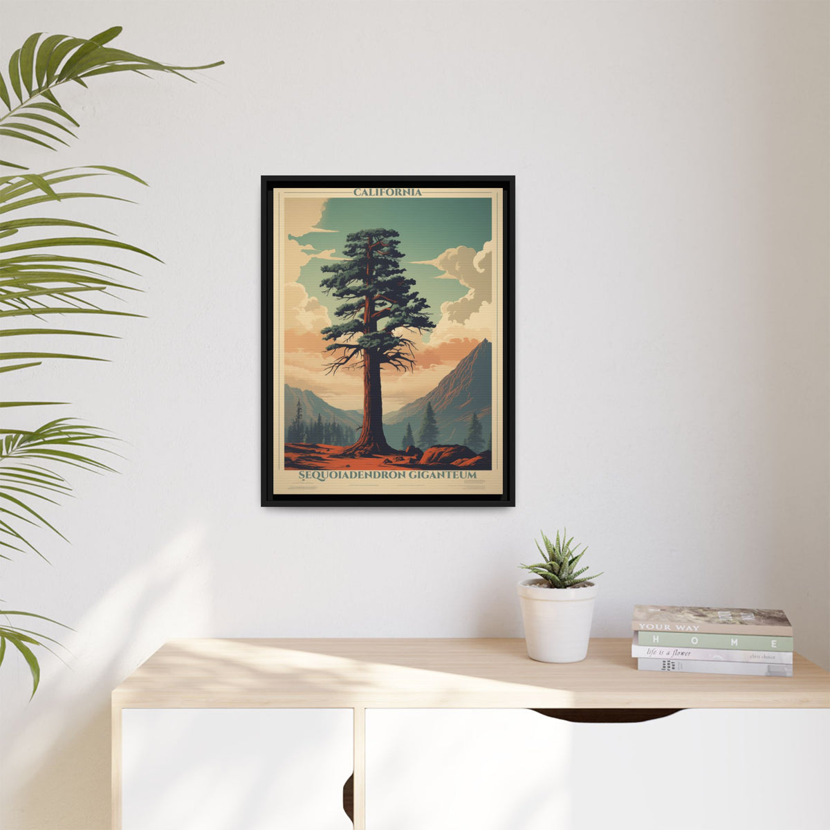 California Sequoiadendron Giganteum vintage nature artwork, 18 × 24, black framed canvas, displayed on a white wall above a low cabinet, beside a potted plant in daylight