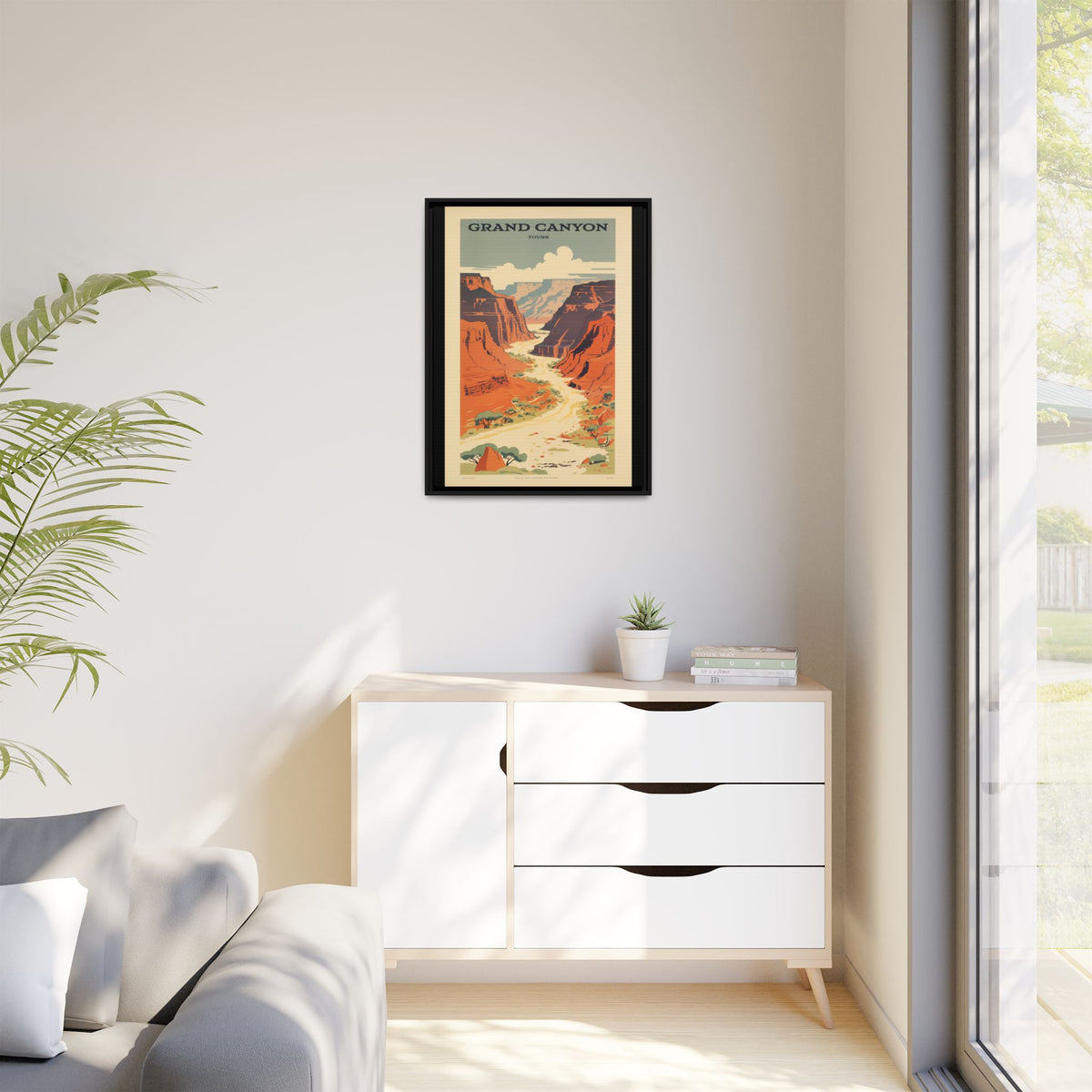 Grand Canyon River Tours vintage travel artwork, 24 × 32, black framed canvas, displayed on a pale wall above a light wood sideboard
