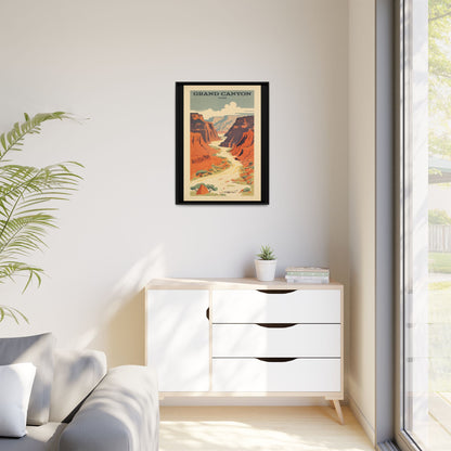 Grand Canyon River Tours vintage travel artwork, 24 × 32, black framed canvas, displayed on a pale wall above a light wood sideboard