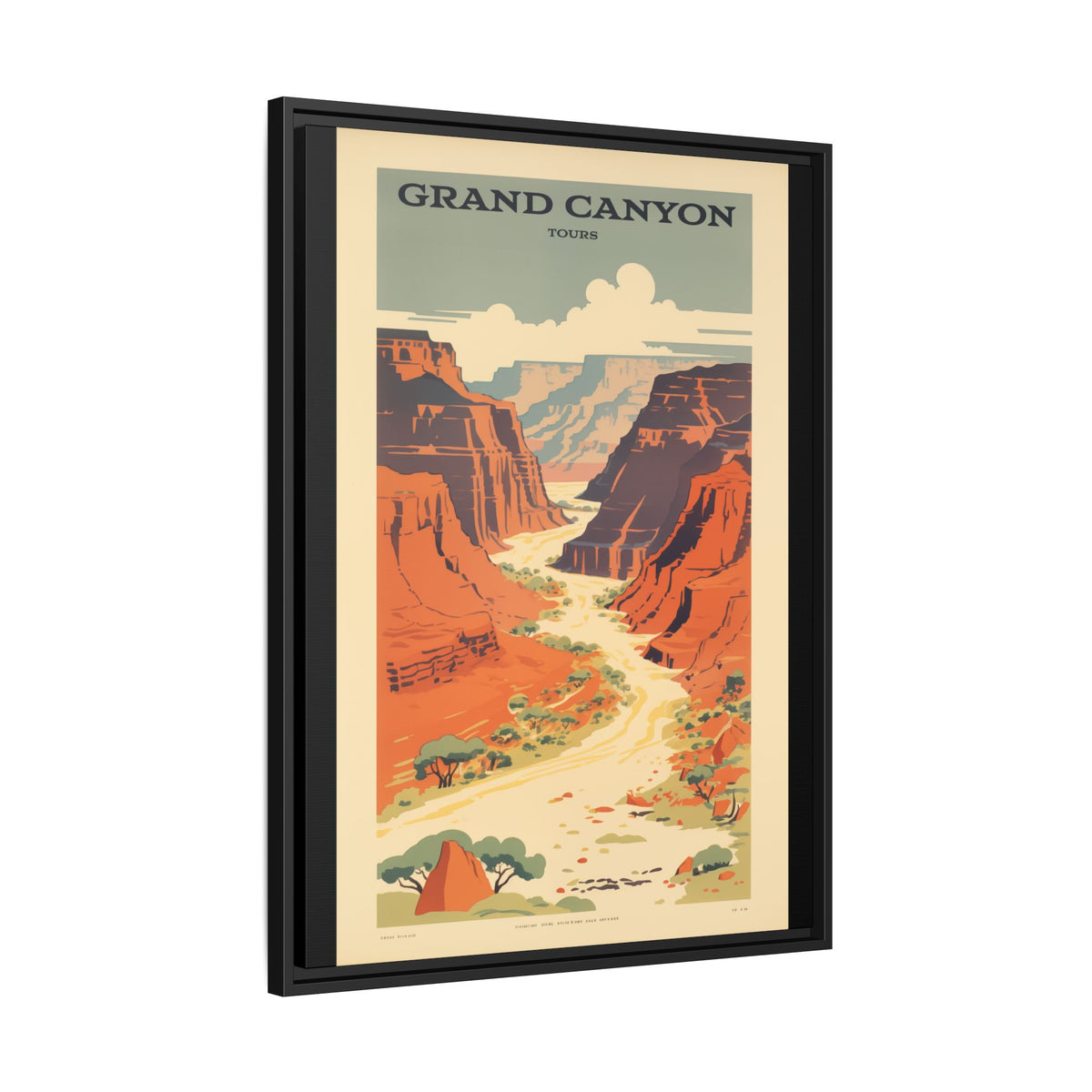 Grand Canyon River Tours vintage travel artwork, 24 × 32, black framed canvas, angled view showing the wrapped canvas edge and frame depth