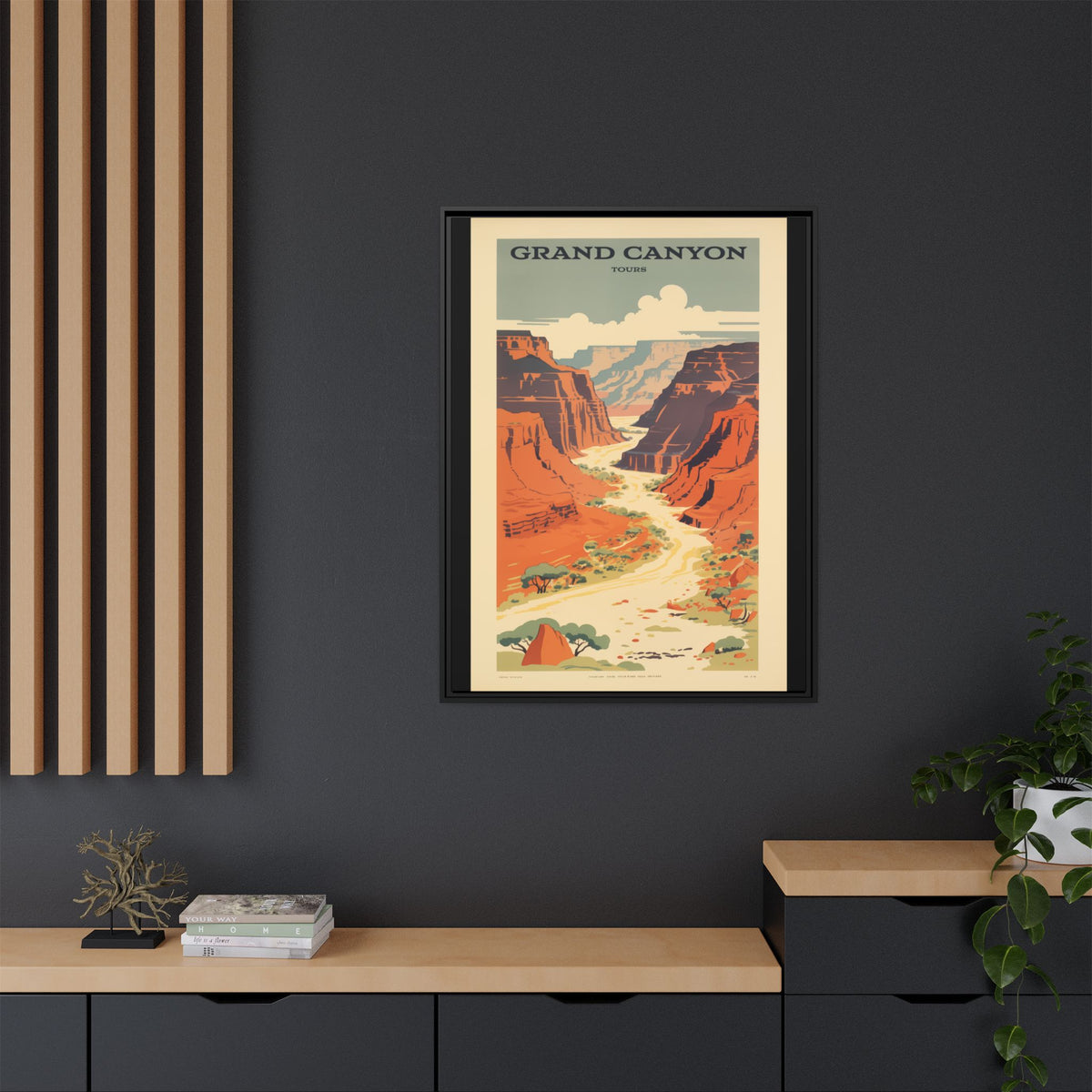 Grand Canyon River Tours vintage travel artwork, 30 × 40, black framed canvas, displayed on a dark charcoal wall above a light wood bench