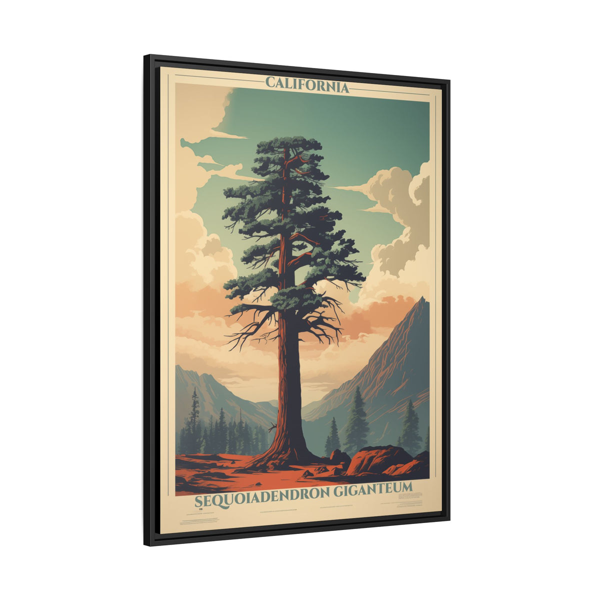 California Sequoiadendron Giganteum vintage nature artwork, 30 × 40, black framed canvas, angled view showing the wrapped canvas edge and frame depth