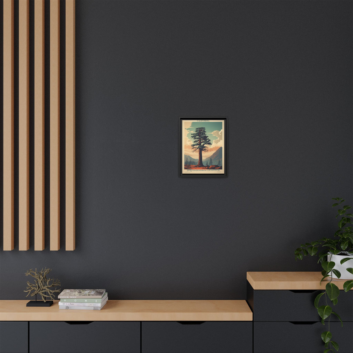 California Sequoiadendron Giganteum vintage nature artwork, 11 × 14, black framed canvas, displayed on a dark charcoal slatted wall above a light wood sideboard