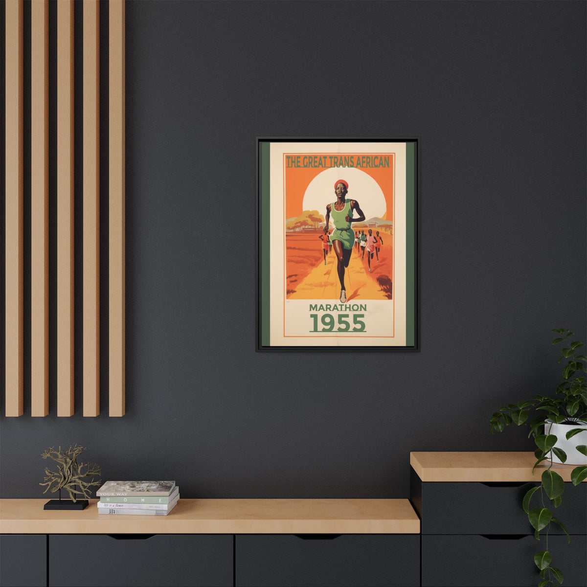 Vintage 1955 Great Trans African Marathon artwork, 24 × 32, black framed canvas, displayed on a dark charcoal wall above a light wood bench