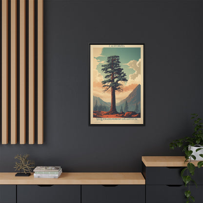 California Sequoiadendron Giganteum vintage nature artwork, 24 × 36, black framed canvas, displayed on a dark charcoal slatted wall above a light wood sideboard