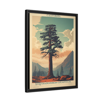 California Sequoiadendron Giganteum vintage nature artwork, 18 × 24, black framed canvas, angled view showing the wrapped canvas edge and frame depth