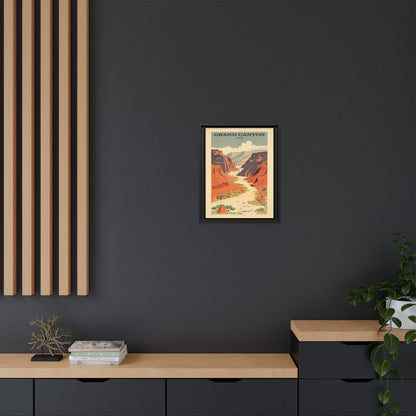 Grand Canyon River Tours vintage travel artwork, 16 × 20, black framed canvas, displayed on a dark charcoal wall above a light wood bench