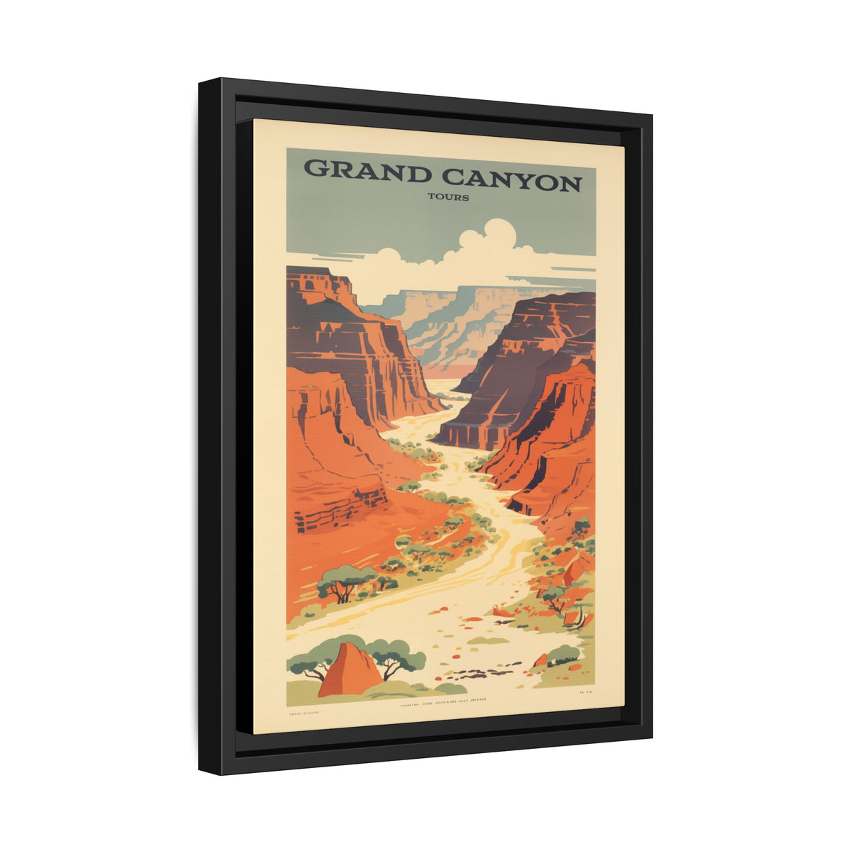 Grand Canyon River Tours vintage travel artwork, 12 × 16, black framed canvas, angled view showing the wrapped canvas edge and frame depth