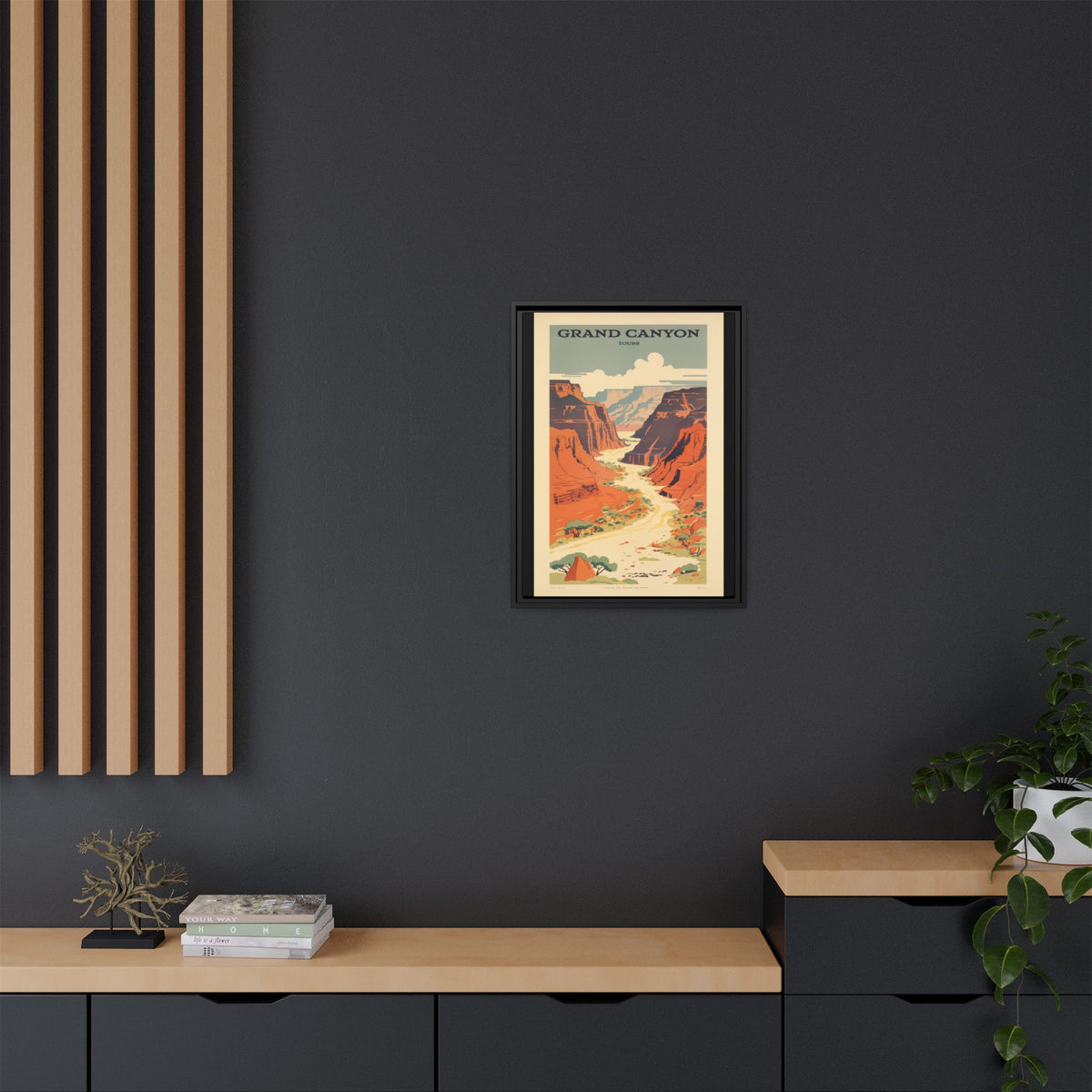 Grand Canyon River Tours vintage travel artwork, 18 × 24, black framed canvas, displayed on a dark charcoal wall above a light wood bench