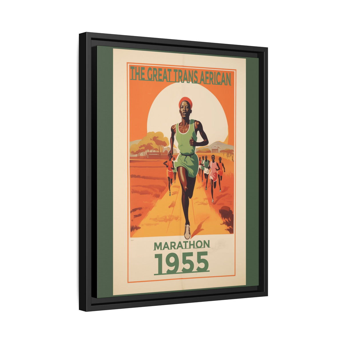 Vintage 1955 Great Trans African Marathon artwork, 16 × 20, black framed canvas, angled view showing the wrapped canvas edge and frame depth