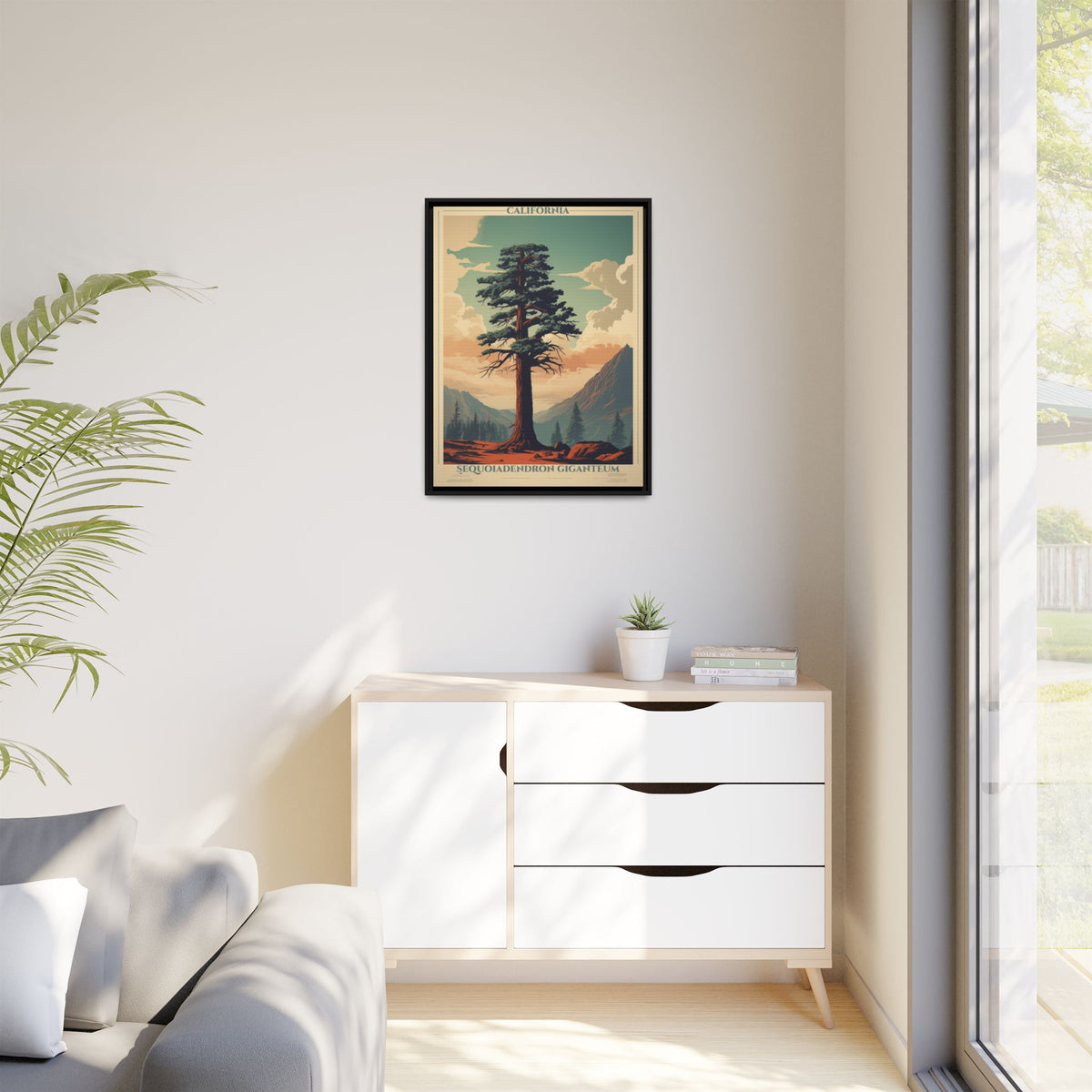 California Sequoiadendron Giganteum vintage nature artwork, 24 × 32, black framed canvas, displayed on a white wall above a low cabinet, beside a potted plant in daylight