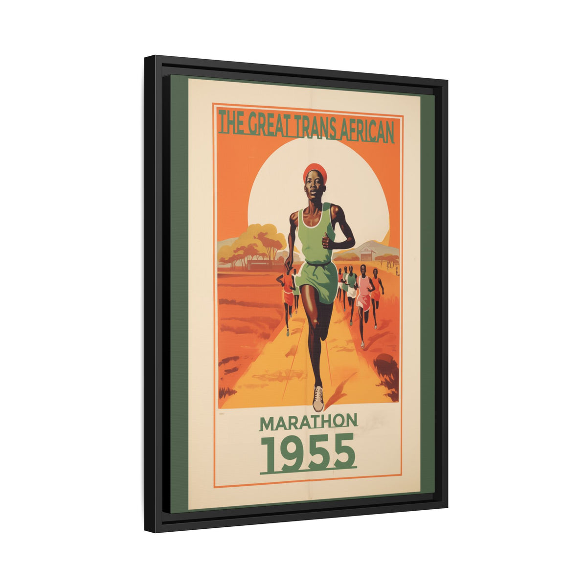 Vintage 1955 Great Trans African Marathon artwork, 18 × 24, black framed canvas, angled view showing the wrapped canvas edge and frame depth
