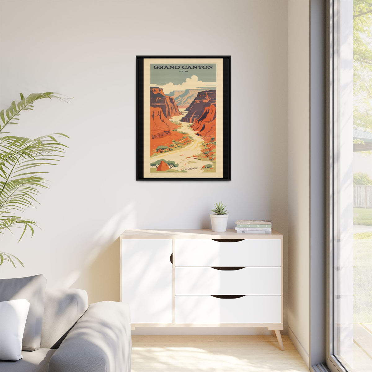 Grand Canyon River Tours vintage travel artwork, 30 × 40, black framed canvas, displayed on a pale wall above a light wood sideboard