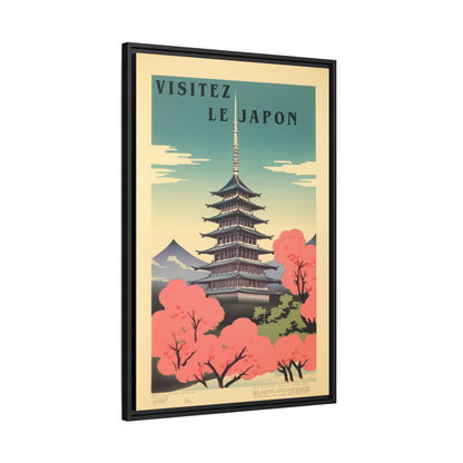 Visitez Le Japon vintage pagoda travel artwork, 24 × 36, black framed canvas, angled view showing the wrapped canvas edge and frame depth