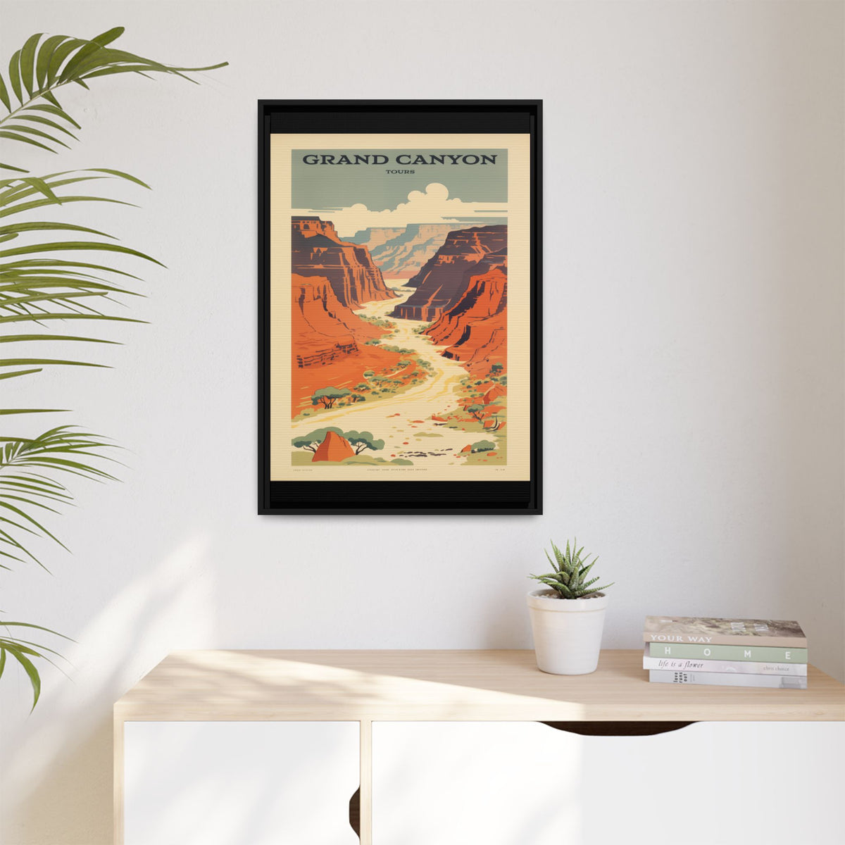 Grand Canyon River Tours vintage travel artwork, 20 × 30, black framed canvas, displayed on a pale wall above a light wood sideboard