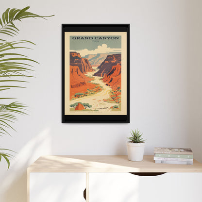 Grand Canyon River Tours vintage travel artwork, 20 × 30, black framed canvas, displayed on a pale wall above a light wood sideboard
