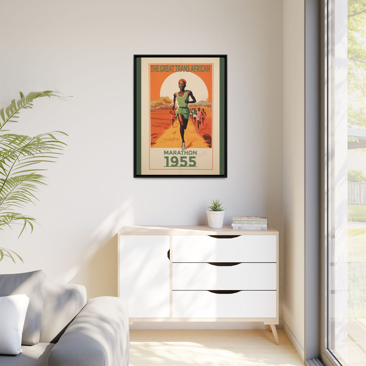 Vintage 1955 Great Trans African Marathon artwork, 30 × 40, black framed canvas, displayed on a pale wall above a light wood sideboard