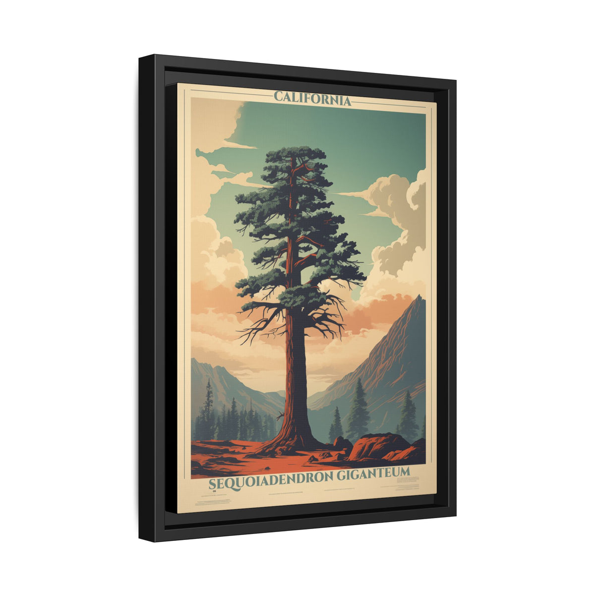 California Sequoiadendron Giganteum vintage nature artwork, 12 × 16, black framed canvas, angled view showing the wrapped canvas edge and frame depth