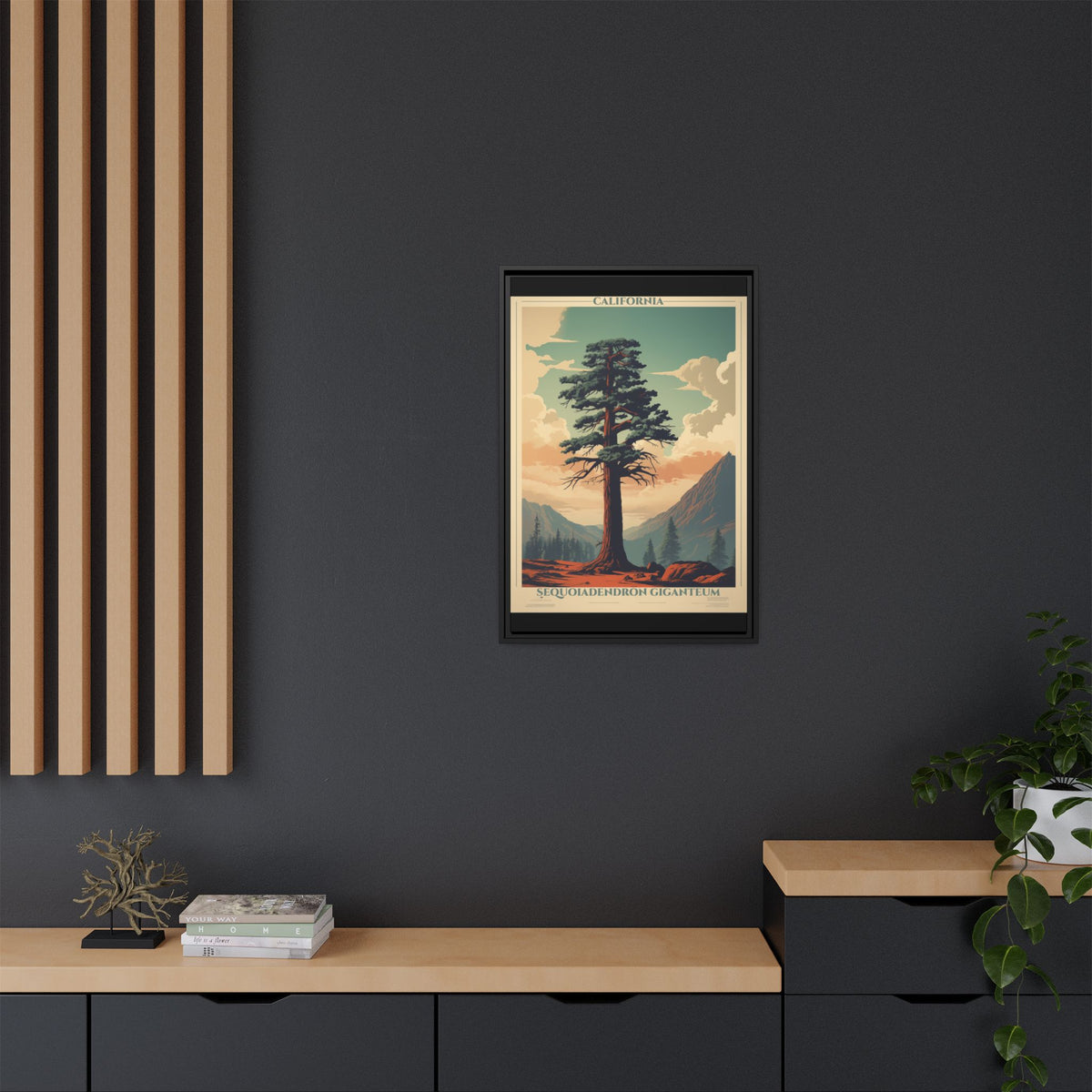 California Sequoiadendron Giganteum vintage nature artwork, 20 × 30, black framed canvas, displayed on a dark charcoal slatted wall above a light wood sideboard
