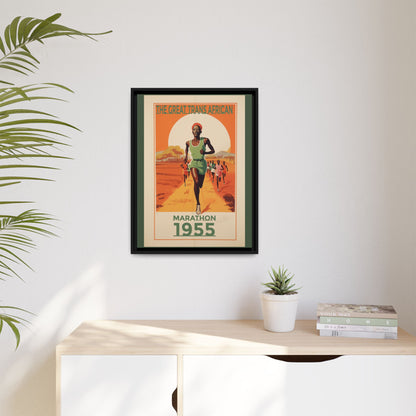 Vintage 1955 Great Trans African Marathon artwork, 18 × 24, black framed canvas, displayed on a pale wall above a light wood sideboard