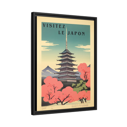 Visitez Le Japon vintage pagoda travel artwork, 18 × 24, black framed canvas, angled view showing the wrapped canvas edge and frame depth