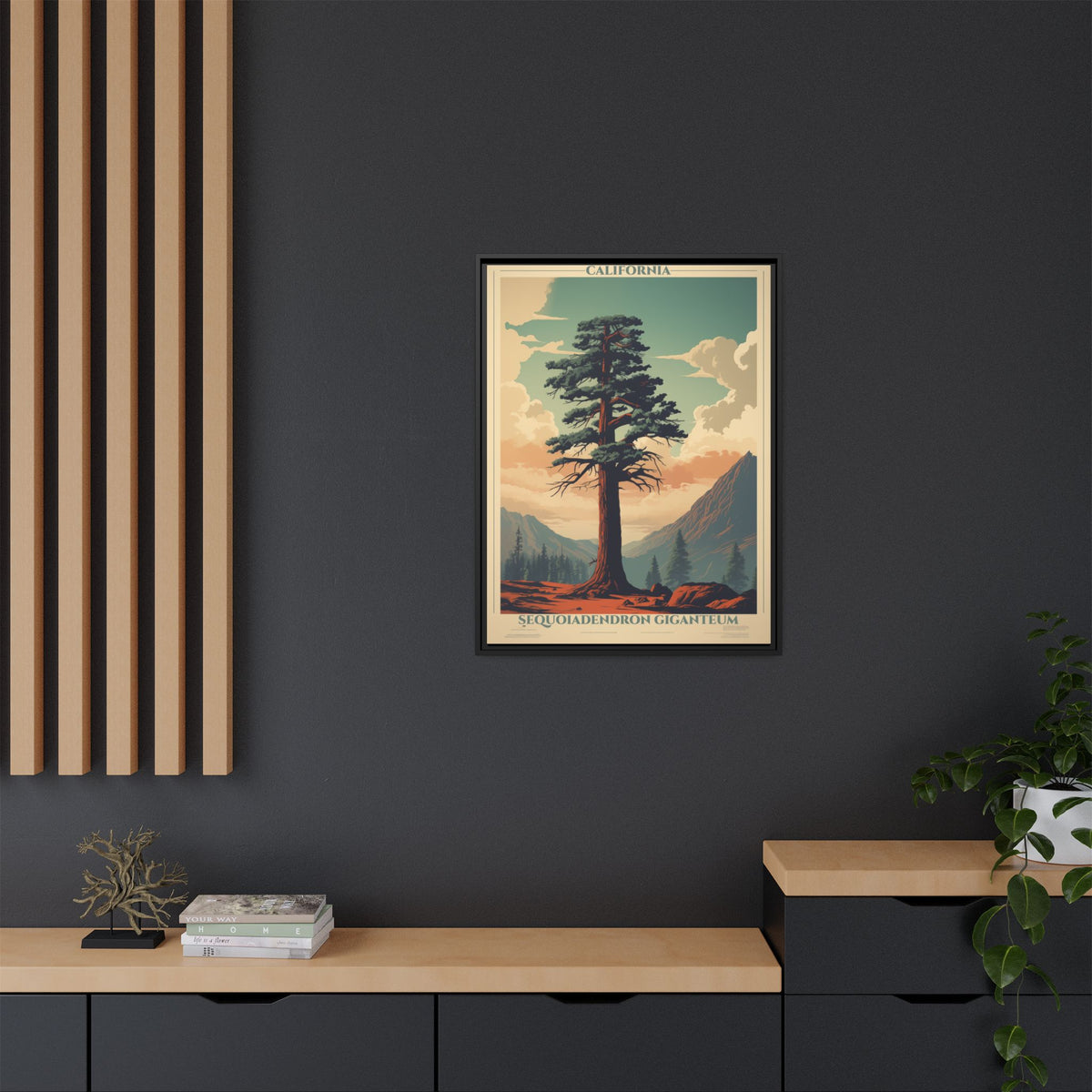 California Sequoiadendron Giganteum vintage nature artwork, 24 × 32, black framed canvas, displayed on a dark charcoal slatted wall above a light wood sideboard