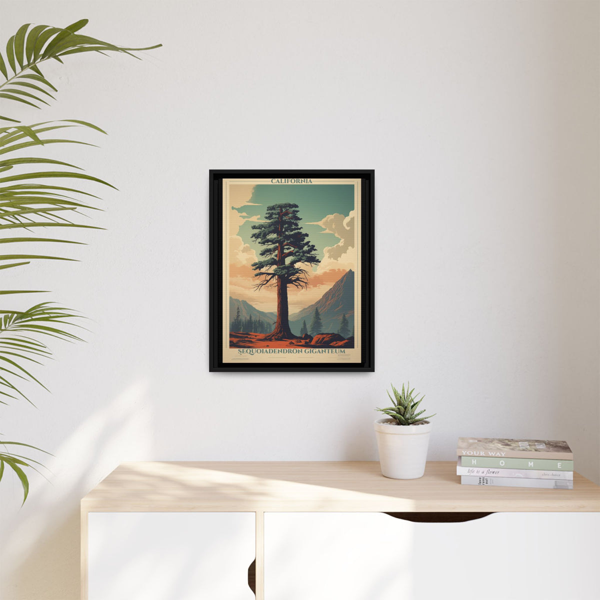 California Sequoiadendron Giganteum vintage nature artwork, 16 × 20, black framed canvas, displayed on a white wall above a low cabinet, beside a potted plant in daylight