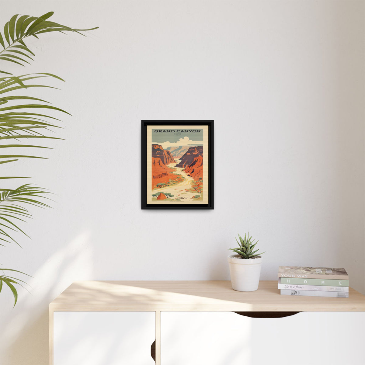 Grand Canyon River Tours vintage travel artwork, 11 × 14, black framed canvas, displayed on a pale wall above a light wood sideboard