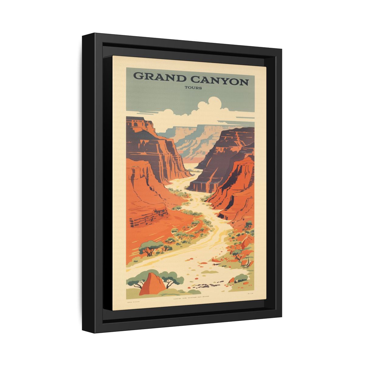 Grand Canyon River Tours vintage travel artwork, 9 × 12, black framed canvas, angled view showing the wrapped canvas edge and frame depth