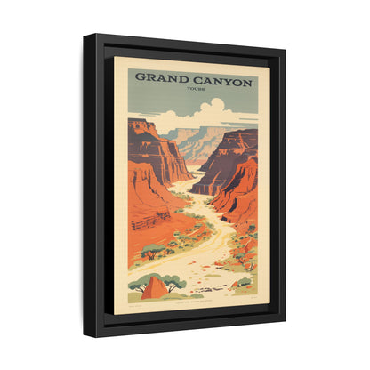 Grand Canyon River Tours vintage travel artwork, 9 × 12, black framed canvas, angled view showing the wrapped canvas edge and frame depth