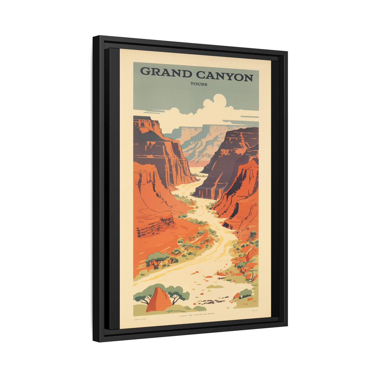 Grand Canyon River Tours vintage travel artwork, 18 × 24, black framed canvas, angled view showing the wrapped canvas edge and frame depth