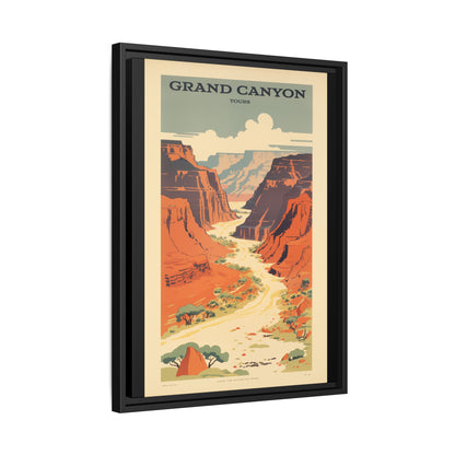 Grand Canyon River Tours vintage travel artwork, 18 × 24, black framed canvas, angled view showing the wrapped canvas edge and frame depth