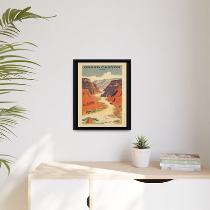 Grand Canyon River Tours vintage travel artwork, 16 × 20, black framed canvas, displayed on a pale wall above a light wood sideboard