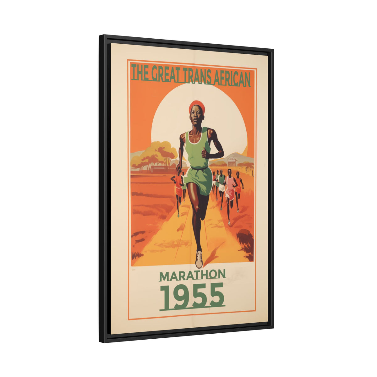 Vintage 1955 Great Trans African Marathon artwork, 24 × 36, black framed canvas, angled view showing the wrapped canvas edge and frame depth