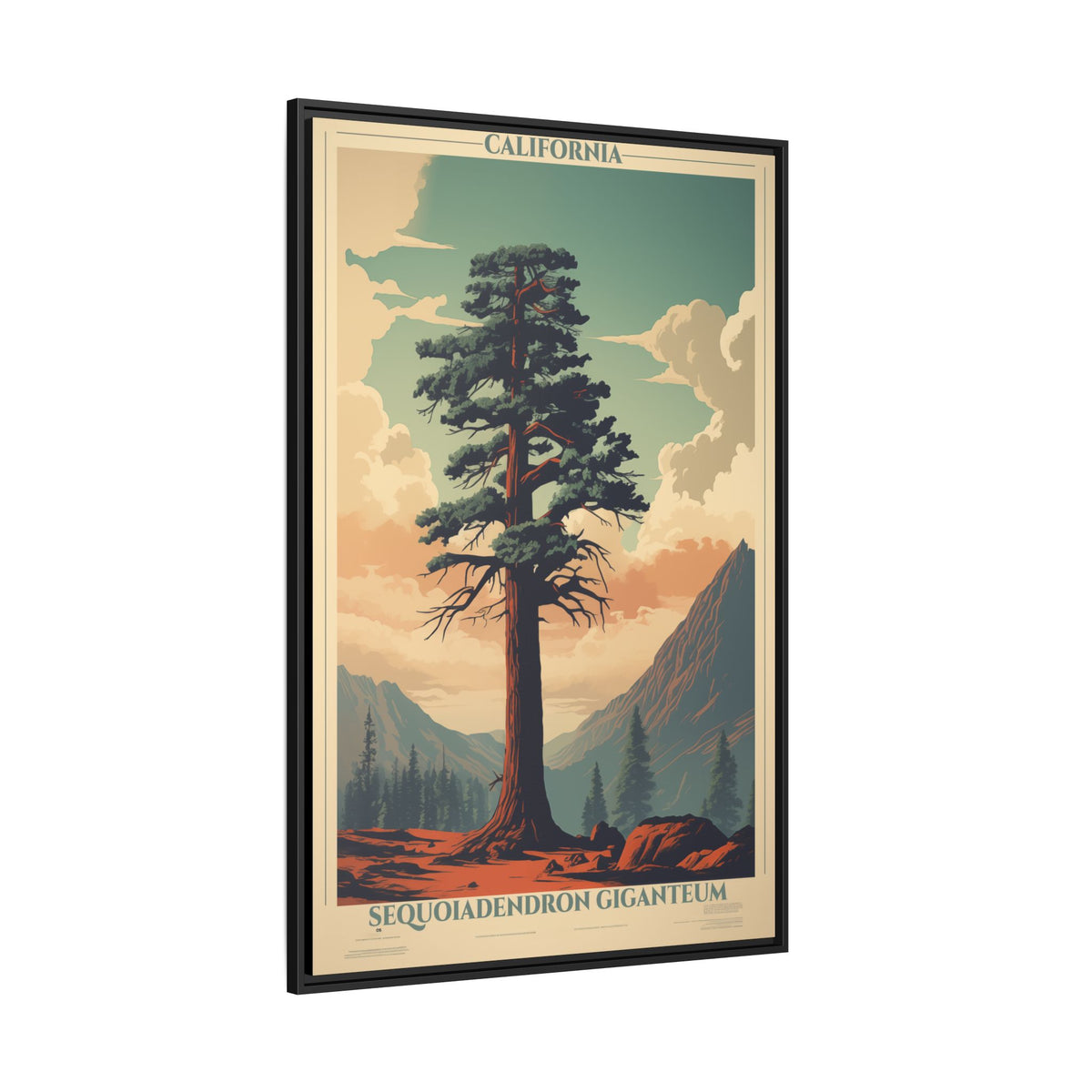 California Sequoiadendron Giganteum vintage nature artwork, 32 × 48, black framed canvas, angled view showing the wrapped canvas edge and frame depth