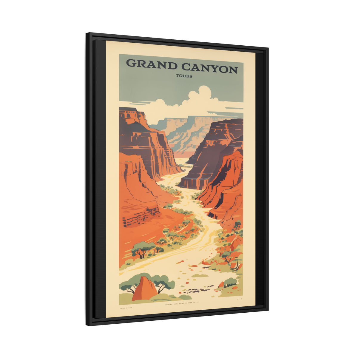 Grand Canyon River Tours vintage travel artwork, 30 × 40, black framed canvas, angled view showing the wrapped canvas edge and frame depth