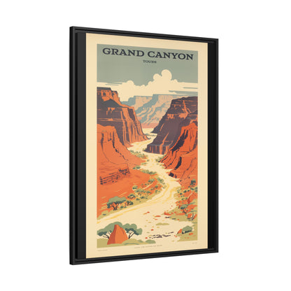 Grand Canyon River Tours vintage travel artwork, 30 × 40, black framed canvas, angled view showing the wrapped canvas edge and frame depth