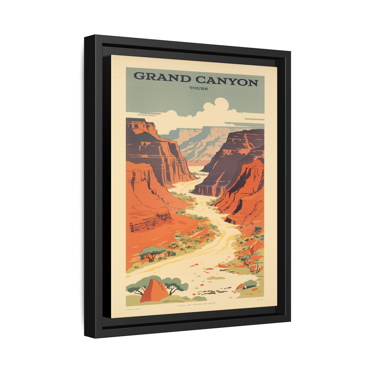 Grand Canyon River Tours vintage travel artwork, 11 × 14, black framed canvas, angled view showing the wrapped canvas edge and frame depth