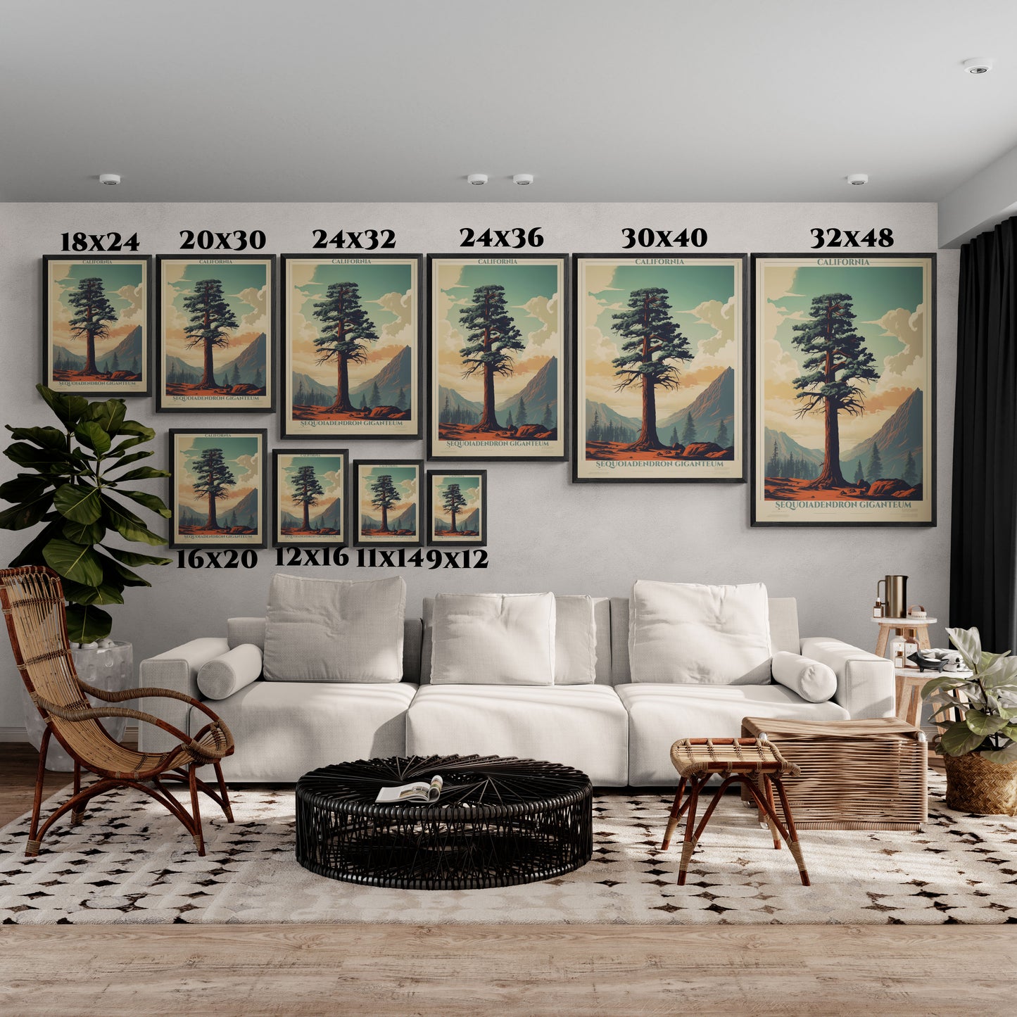 "Vintage California Sequoia Poster - Sequoiadendron Giganteum Matte Canvas Wall Art with Black Frame" Matte Canvas, Black Frame
