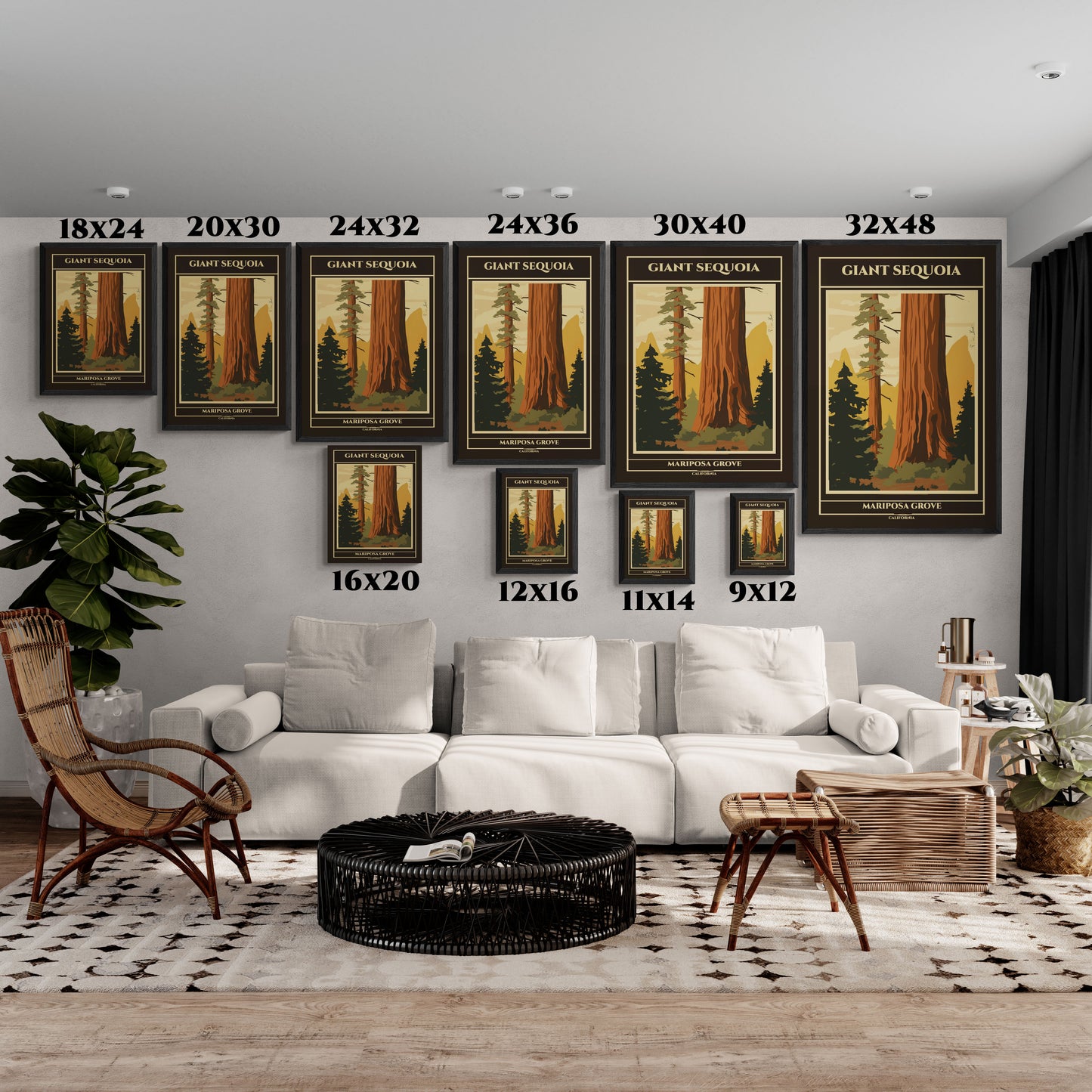 "Vintage Giant Sequoia Poster - Mariposa Grove, California Matte Canvas Wall Art with Black Frame" Matte Canvas, Black Frame